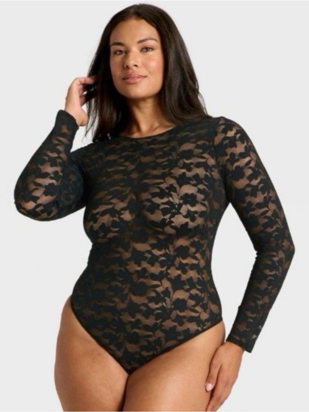 Auden Black Floral Lace Long-Sleeve Bodysuit